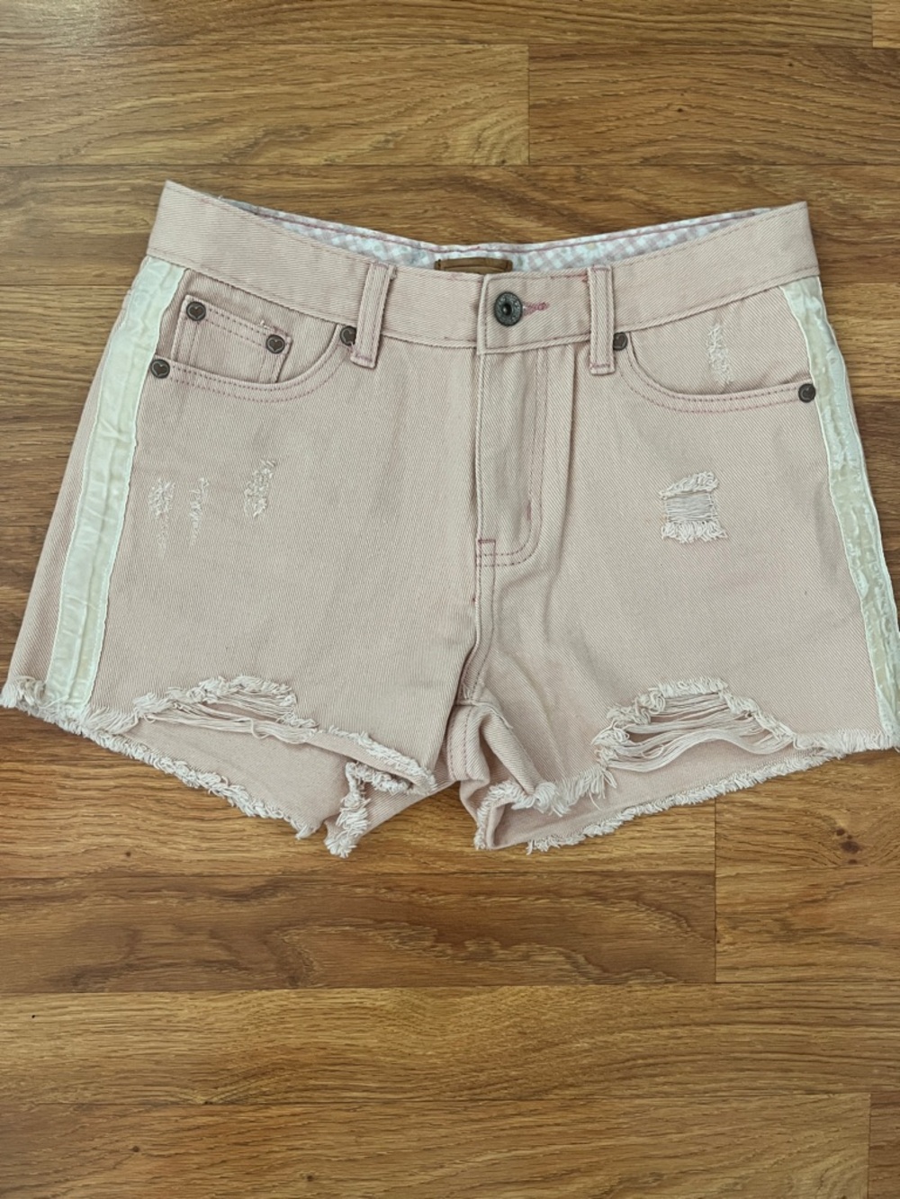 POL Blush Pink Distressed Denim Shorts with Cream Side Stripe